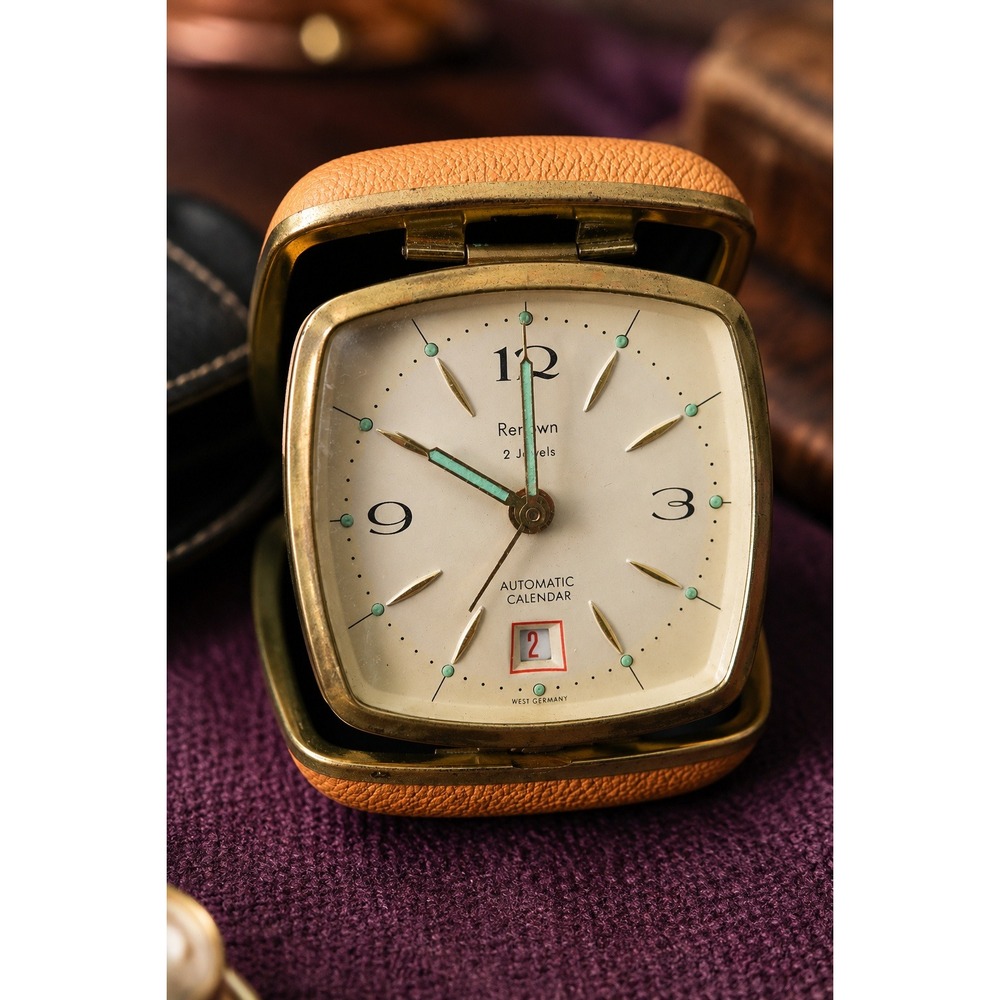 Vintage Renown West Germany Travel Alarm Clock Calendar Wind Up Working